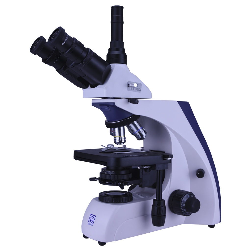 Microscopio triocular con óptica plan acromática al infinito
