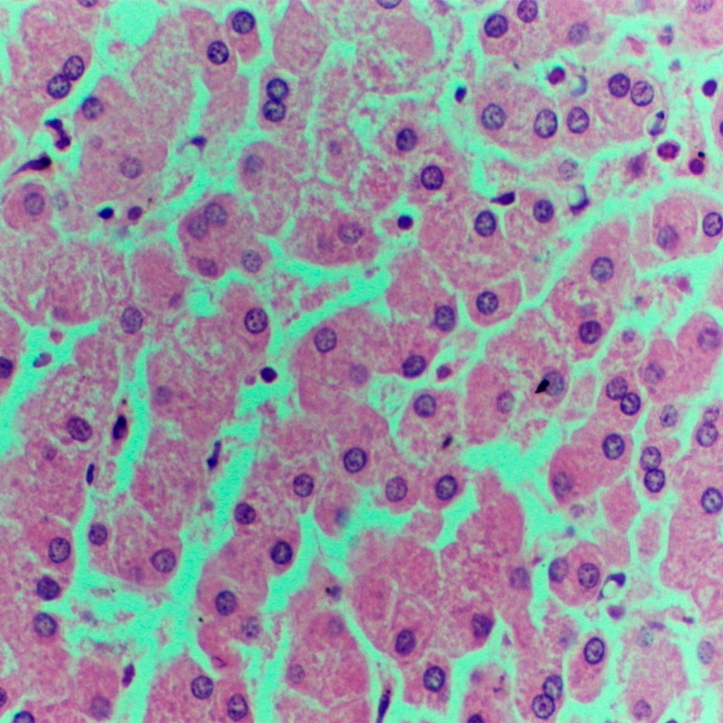Preparación microscópica de hígado con acumulación de nutrientes en células epitelio