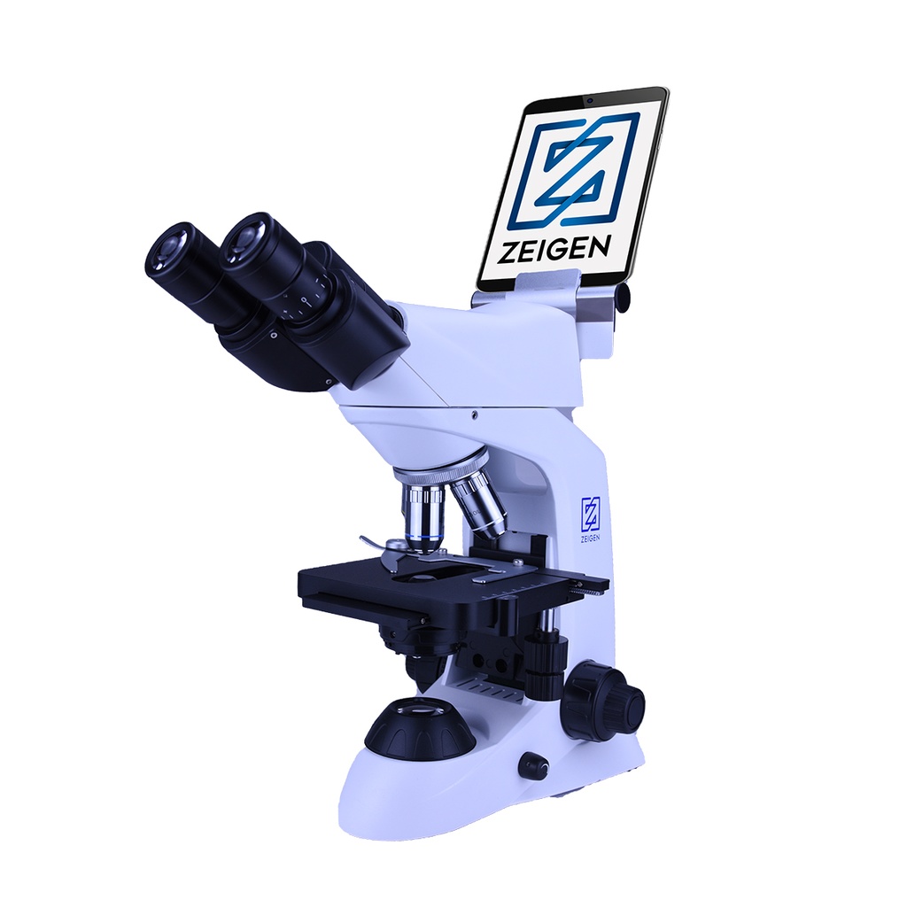 Microscopio biológico con cámara y soporte para tableta